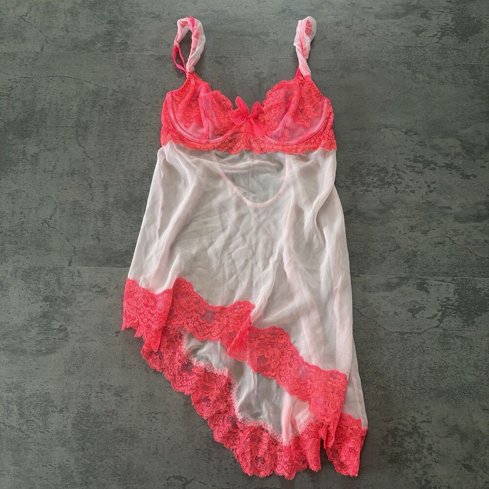 Y2K Victorias Secret Babydoll Chemise 34C Lace Sheer Hot Pink Asymetric Lingerie